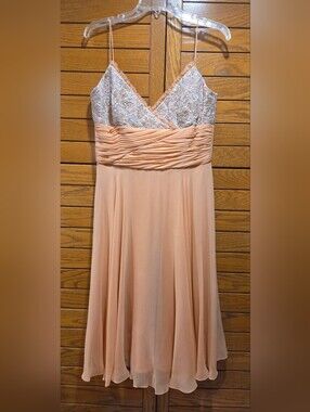 Badgley Mischka Peach Lace Beaded Bodice Chiffon 100% SILK Dress in size 10